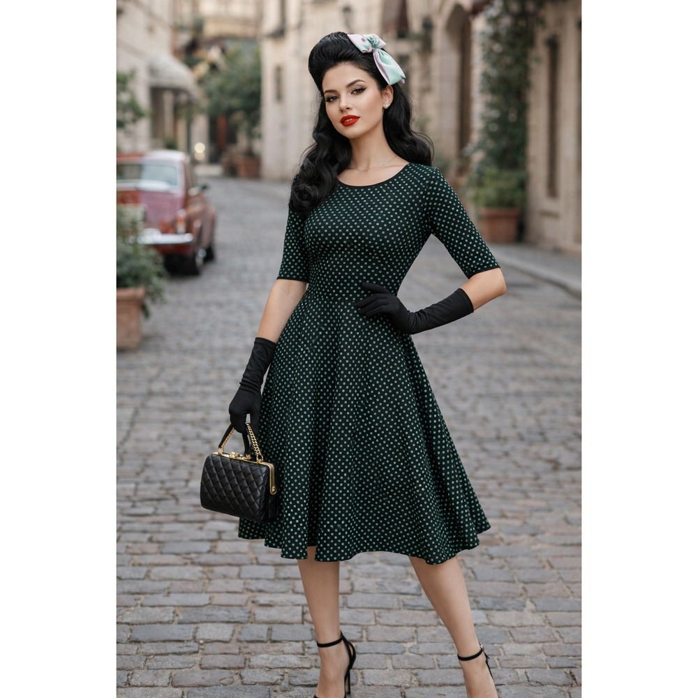 Danny And Nicole Midi Dress Womens 4 Green Polka Dot Retro Classic Mod Pin‎ Up